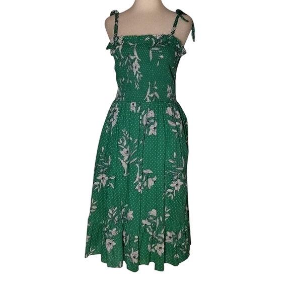Draper James Floral Dot Smocked Dress Green Midi Length Pockets Size Small - Picture 4 of 6